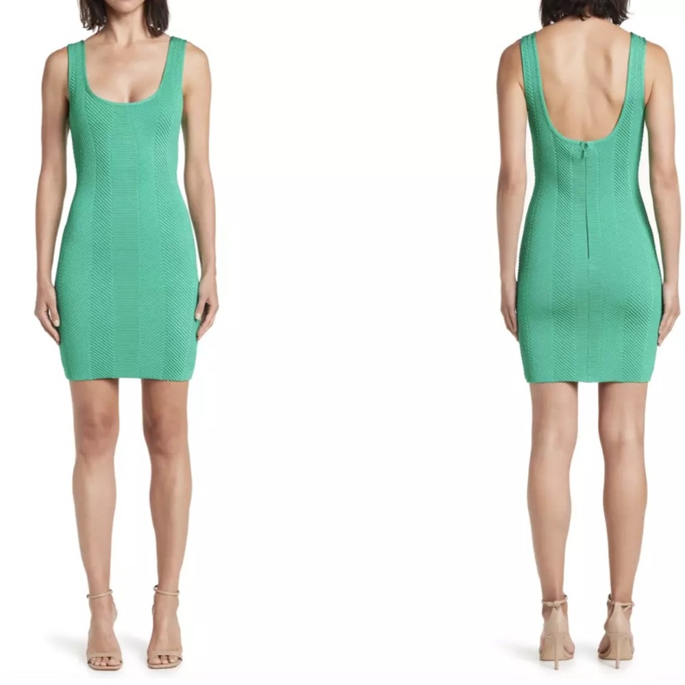 Herve Leger Ottoman Scoop Neck Juniper Green Mini Dress